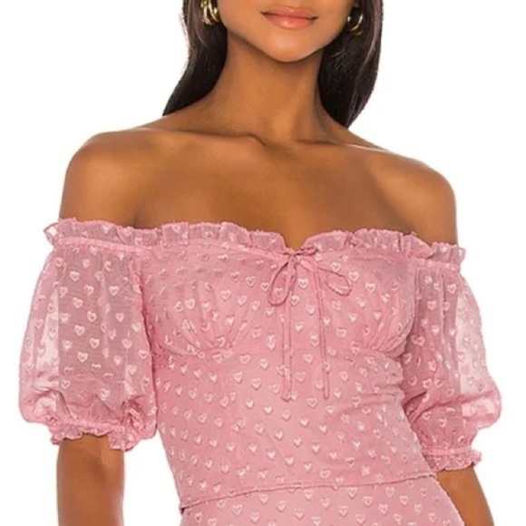 Privacy Please Celine Heart Printed Top Pink Short Sleeve Cropped Sheer Bow - Picture 1 of 7